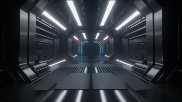 Futuristic sci-fi corridor with glowing octagonal neon frames and reflective dark metallic panels.