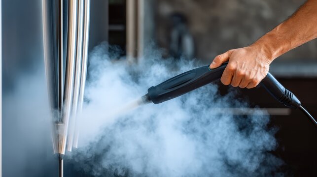 Handheld steam cleaner sanitizes a stainless steel refrigerator surface in a residential kitchen.