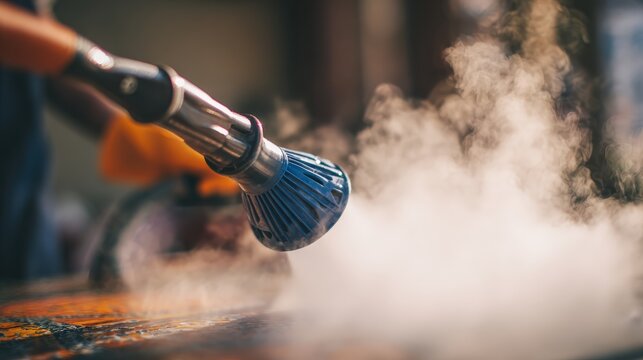 Industrial steam cleaner sprays hot vapor onto a work surface to sanitize it.
