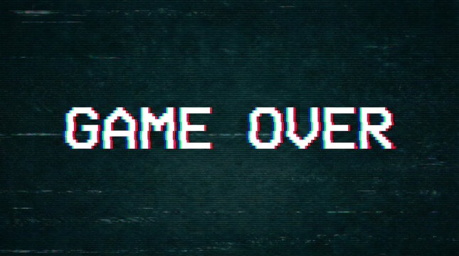 Glitchy game over screen with distressed pixelated text