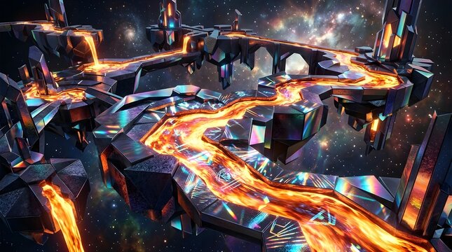 Futuristic landscape with flowing lava and crystalline structures against a vibrant cosmic background