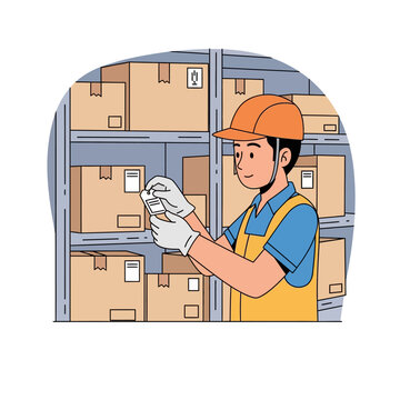 Warehouse Worker Carefully Attaching Label to Cardboard Box in Storage.