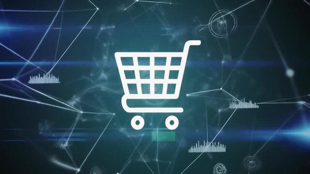 Digital Illustration of Shopping Cart Icon with Network Connections and Futuristic Design 