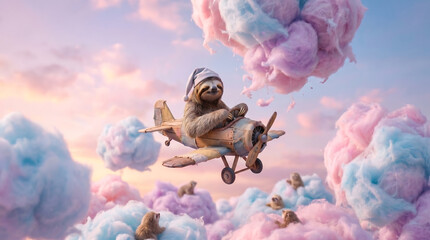 Fototapeta premium Surreal sloth flying vintage airplane through dreamy cotton candy clouds at sunset.