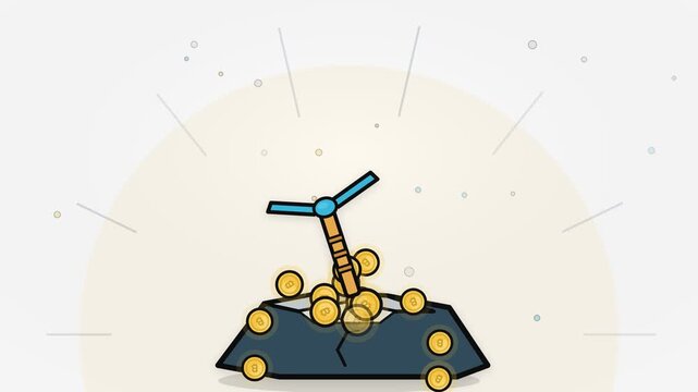 A flat design 2D animation presenting a pickaxe mining a digital rock, cracking it open to release glowing cryptocurrency gold coins, symbolizing bitcoin mining, blockchain, and financial technology.