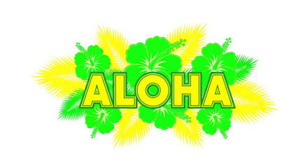 Aloha text with tropical flowers and palm leaves, vibrant green and yellow © Yunan
