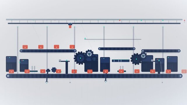 An abstract 4K flat vector animation depicting an automated industrial production line with spinning gears, moving conveyor belts, mechanical arms, and floating digital elements.