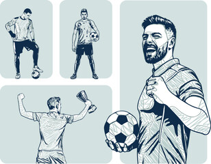 Vector sketch drawing collection of dynamic soccer players in action different poses, drawn in an artistic line art style. Hand drawn sketch. Vector illustration. © Karloxky