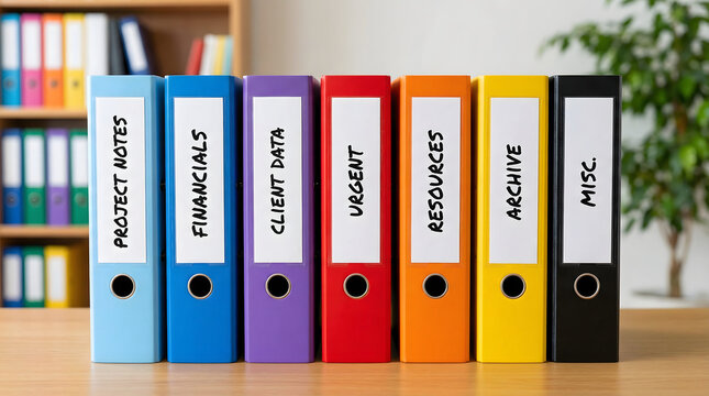 Colorful office binders labeled for organization on a desk