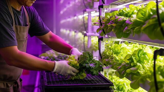 Vertical Farm Worker Harvesting Fresh Lettuce Under LED Grow Lights.