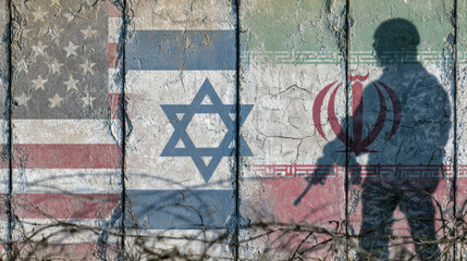 Fototapeta premium Conflict concept with soldier silhouette and flags of United States, Israel, and Iran painted on cracked concrete wall with barbed wire