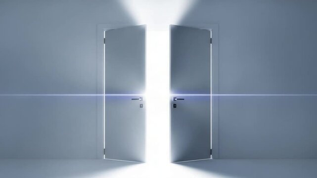 Opening Doors to Opportunity: A pair of elegantly designed doors stand ajar, revealing a brilliant, inviting light that promises new beginnings and endless possibilities.