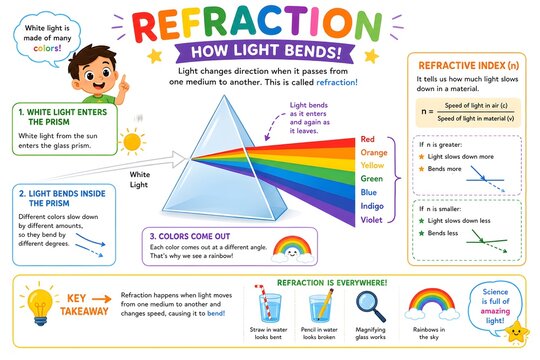 Science Education Poster Showing Light Dispersion and Refractive Index Concept through prism
