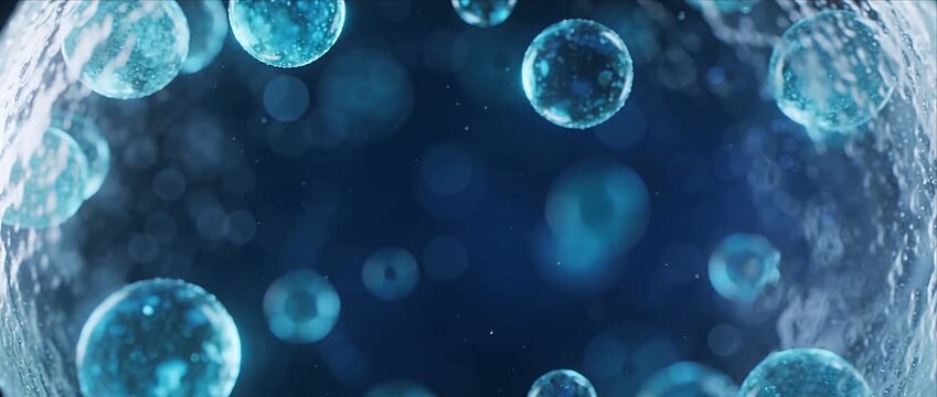 Blue cell minimal background abstract science design with floating sphere bubble texture, microscopic cell biology structure, medical research backdrop and modern minimal blue abstract background
