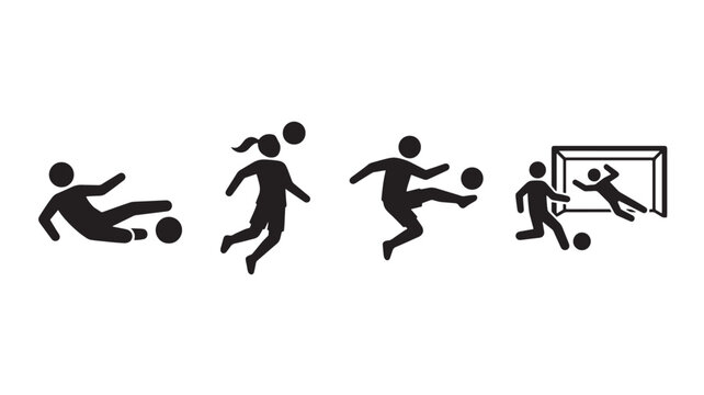 Soccer player action skills and football match training glyph icons set. Black solid pictograms of sliding shot tackle, woman heading ball, volley kick, and striker scoring past goalkeeper
