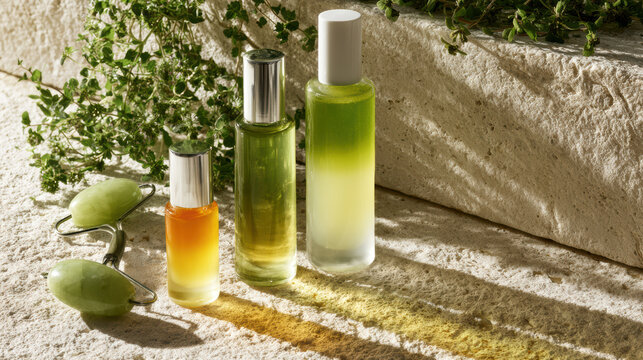 Natural skincare serum and facial oil bottles with green jade rollers on stone surface with plant shadows