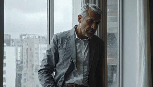 Pensive mature businessman with gray hair stands by a large window, contemplating a complex decision while looking down at the urban cityscape on a gray, overcast day