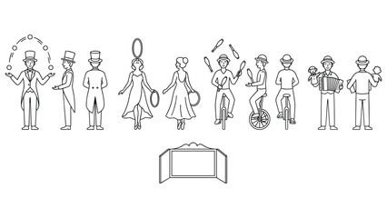Circus performers and street entertainers line art characters set for carnival event show. © jubayer71