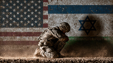 Fototapeta premium Soldier in camouflage uniform kneeling on dusty ground with American and Israeli flags painted on rough wall, evoking tension and conflict