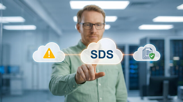 Man interacts with virtual sds cloud interface in office