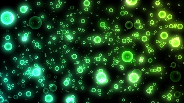 Green glowing water bubbles macro animation, clean fresh raindrop texture pattern, bright gradient particle motion background, 4K vector illustration, natural fluid special effects fantasy video mater