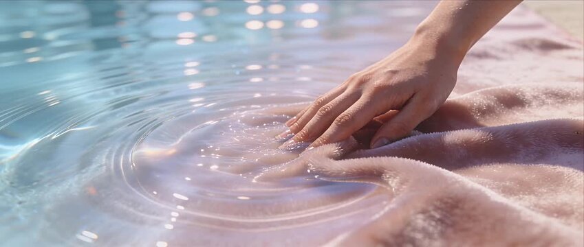 Sensory touch water ripple hand fabric smooth gentle pastel soft comfort relax calm pool surface light reflection summer mood sensory hand water fabric pool ripple light touch surface gentle poolside