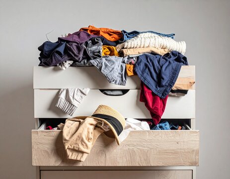 引き出しから洋服が溢れた散らかったタンス・収納
