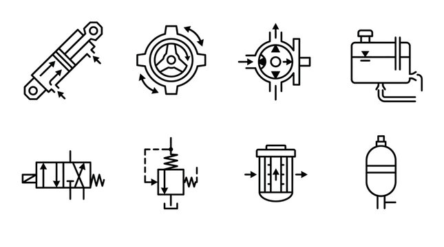Mechanical and Fluid Control Components Line Icons Set: Piston, Gear, Rotary Pump, Valve, Filter, and Storage Tank on an Isolated White Background.