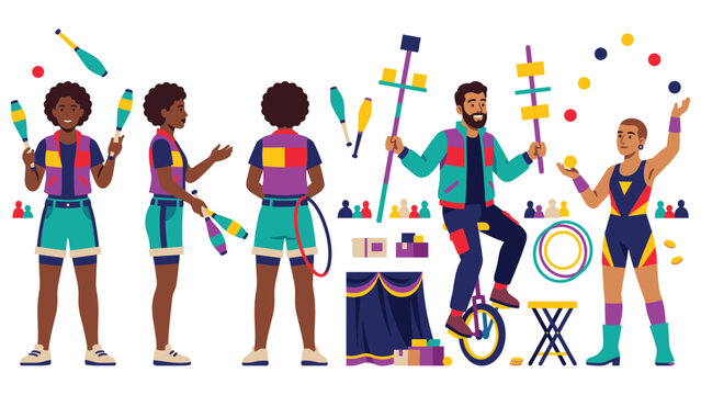 Set of circus performers characters including jugglers on unicycle and athletic balancing.