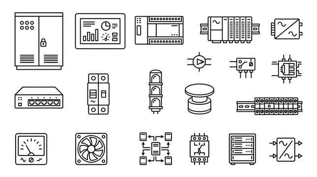Collection of industrial automation and electronic components outline icons, isolated white background.
