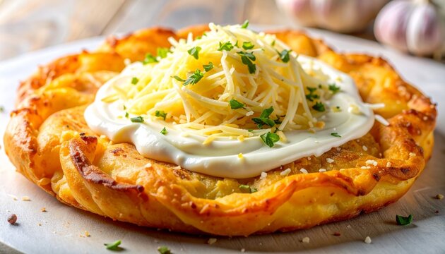 Frischer ungarischer L&aacute;ngos mit Knoblauch, Schmand und K&auml;se
