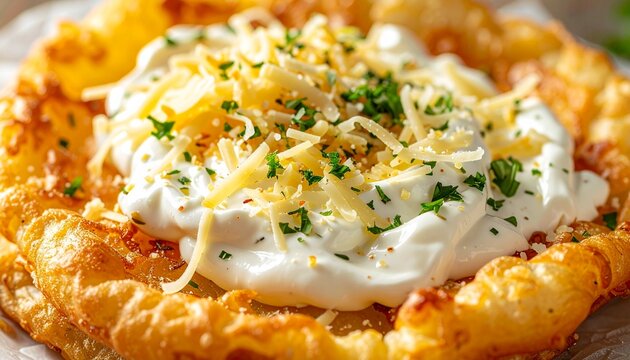 Frischer ungarischer L&aacute;ngos mit Knoblauch, Schmand und K&auml;se