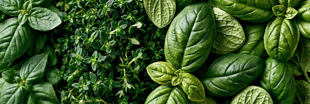 Fresh Green Basil and Thyme: Aromatic Herbs for Organic Mediterranean Cooking - Culinary Essentials in Contextual Food Photography