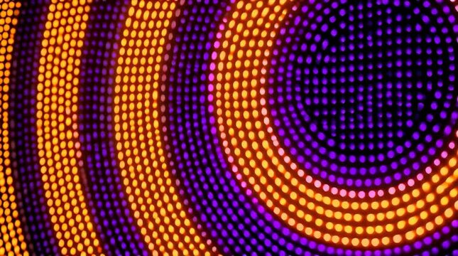 pattern created by illuminated square pixels consists of multiple concentric rings in shades of orange and purple orange pixels are bright and appear to glow against the darker purple Generative AI