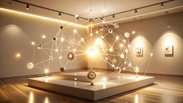 A modern art installation featuring a glowing network of spheres and lines. Inside an art gallery