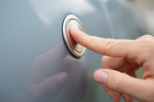 Closeup human finger pressing glowing elevator button inside modern steel lift cabin showcasing technology, transportation, luxury interior, corporate building access and urban lifestyle concepts.