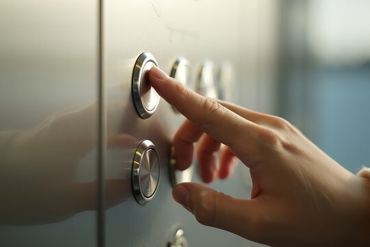 Closeup human finger pressing glowing elevator button inside modern steel lift cabin showcasing technology, transportation, luxury interior, corporate building access and urban lifestyle concepts.