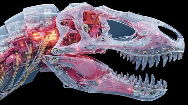 futuristic cybernetic t-rex dinosaur skeleton with glowing circuits isolated on transparent background