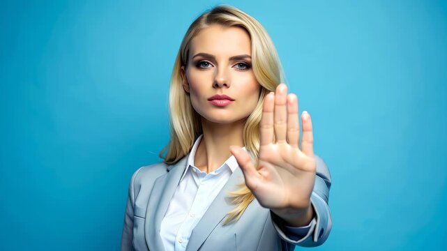 青い背景の前で金髪女性が手のひらを前に出しながら停止を示す強い意思表現のスタジオ撮影