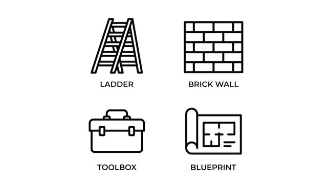 Construction and Building Tools Icons Set: Ladder, Brick Wall, Toolbox, and Blueprint Symbols