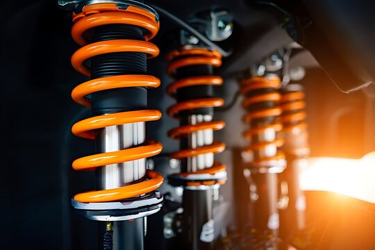 Close up automotive rear shock absorber with spring, black body, metal suspension part used in vehicle performance, repair, engineering, and mechanical systems macro detail view