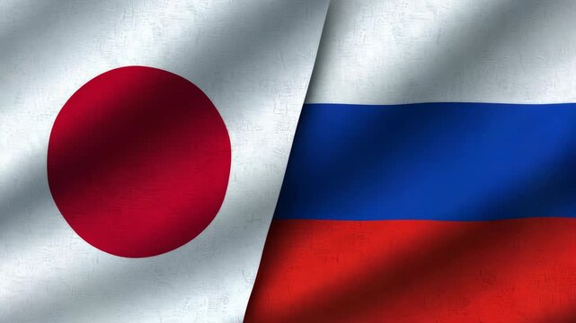 日本国旗とロシア国旗が斜めに配置された布地で外交関係を表す落ち着いた国際イメージ