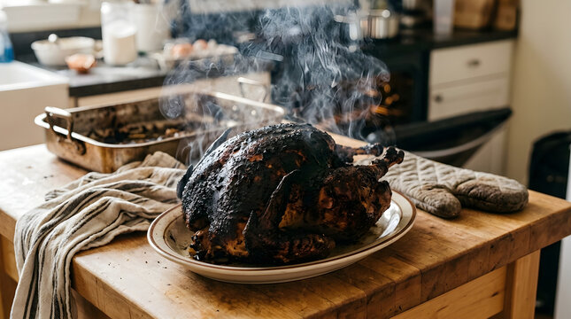 Burnt Smoking Whole Chicken on Rustic Wooden Kitchen Table