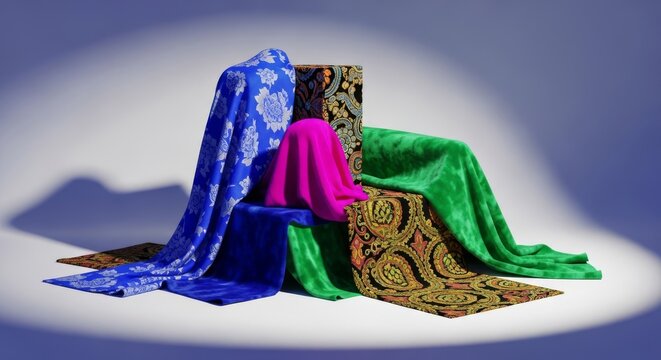 Vibrant textures and bold patterns adorn a stylish ensemble highlighted by dramatic shadows and professional studio lighting for impact, detail, fashion, bold
