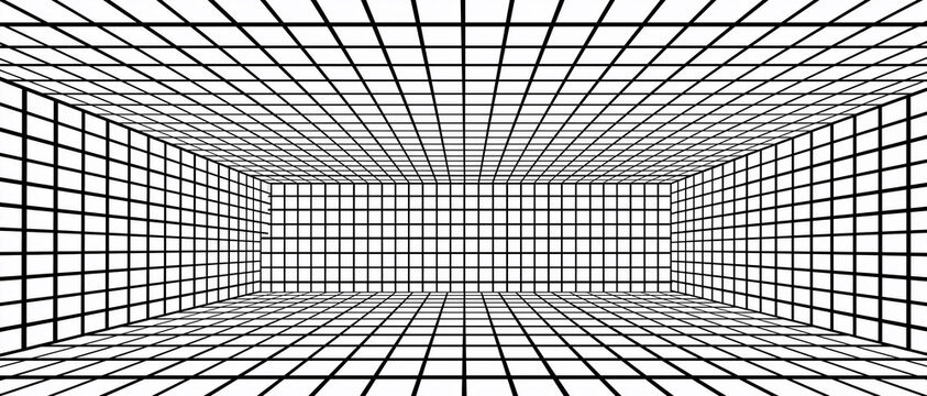 <Grid Pattern: 3D Wireframe Background with Abstract Lines and Geometric Visualization in Black and White>