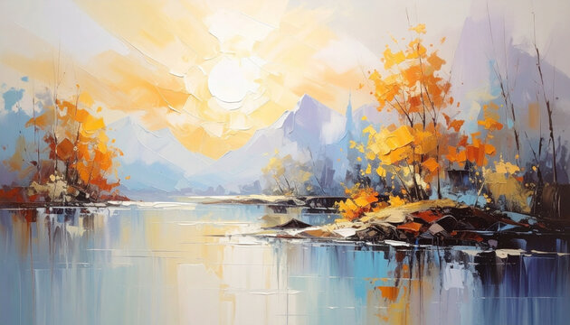 Autumn landscape painting sunlight