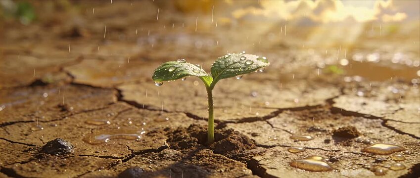 Green seedling cracked soil drought and gentle rain, water drop reflecting climate change sunrise, hope nature and growth as fragile seedling faces dry ground with resilience and renewal