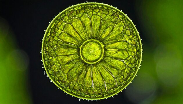 Close-up macro of hornwort chloroplast cross-section in vibrant green