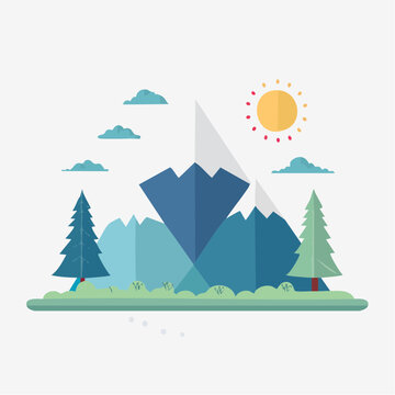 Flat Design Mountain Landscape with Sun and Clouds