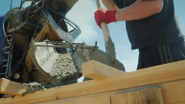 A construction worker in red gloves using a shovel to guide fresh concrete from a concrete mixer into a wooden formwork against a bright blue sky, cinematic slow motion close-up footage.